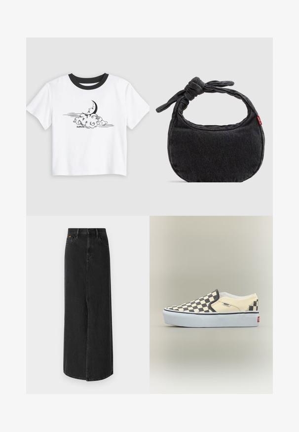 T-shirt blanc à manches courtes avec col rond noir, présentant un croissant de lune noir avec un visage au-dessus de nuages tourbillonnants et le texte "Levi's" en dessous.; Jupe maxi en denim noir avec une coupe droite, design cinq poches, et une fente devant. Présente une fermeture par bouton et des détails de couture subtils.; Baskets basses slip-on avec motif damier noir et beige, semelle blanche et logo Vans sur le côté et sur la languette du talon.; Petit sac d'épaule en denim noir avec une sangle nouée et une fermeture éclair, arborant une étiquette en tissu rouge Levi's sur le côté.
