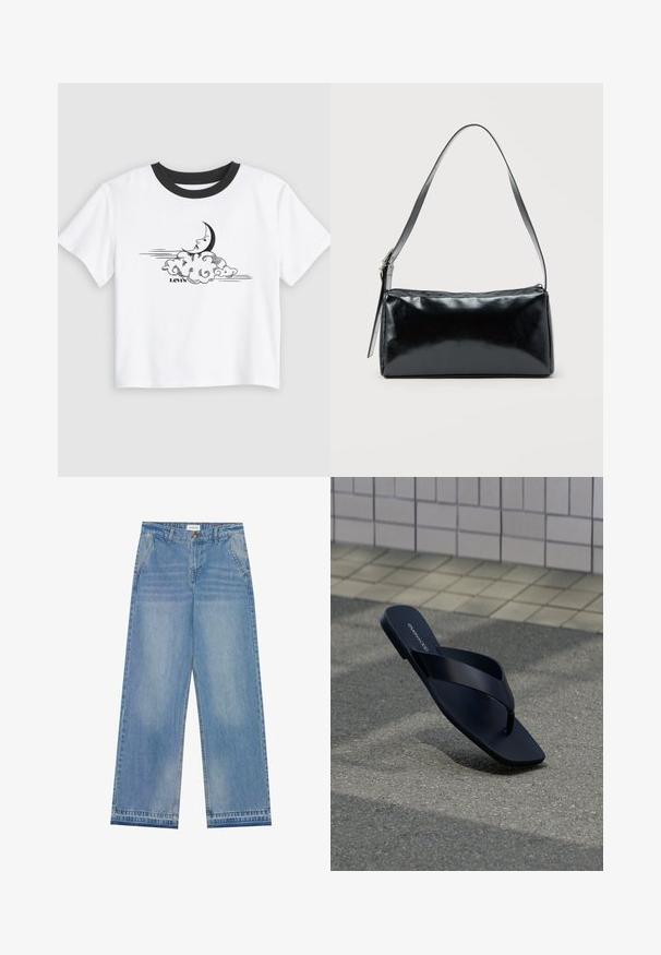 Hvid T-shirt med korte ærmer og sort rund hals, med en sort halvmåne med et ansigt over hvirvlende skyer og teksten "Levi's" nedenunder.; Lyseblå højtaljede wide-leg jeans med knaplukning, frontlommer, bæltestropper og diskret falmet detaljer.; Sort tanga-sandal med firkantet tå og mærkenavn på fodseng, placeret opret på tekstureret fortov nær flisebeklædt væg.; Sort rektangulær skuldertaske med en enkelt justerbar rem og lynlås i toppen på en ensfarvet baggrund.