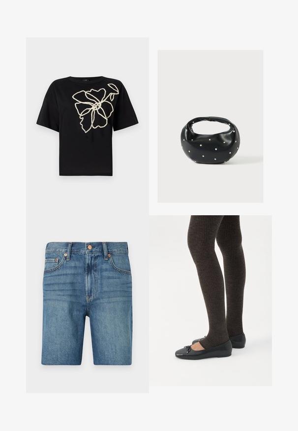Sort kortærmet t-shirt med et blomsterdesign i struktureret crememønster broderi på forsiden, der har en afslappet pasform og rund hals.; Denim shorts i lyseblå med klassisk skæring, fem lommer og kobberaccent for kontrast. Tekstureret, mellemvægtigt stof.; Ben iført mørke ribbede leggings kombineret med sorte balletsko med små sløjfedetaljer på hvid baggrund.; Sort læderhåndtaske med en rundet form, dekoreret med sølvnitter, og et kort håndtag. Glat tekstur og lynlåslukning.