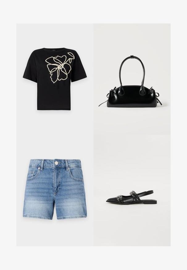 Sort kortærmet t-shirt med et blomsterdesign i struktureret crememønster broderi på forsiden, der har en afslappet pasform og rund hals.; Lyseblå denimshorts med knaplukning foran, lynlåslukning, bæltestropper og forlommer på en ens hvid baggrund.; Even&Odd by Zalando Slingback-ballerinasko - black; Lille sort blank håndtaske med to lange håndtag og snøre-detaljer i siden på en ensfarvet lys baggrund.