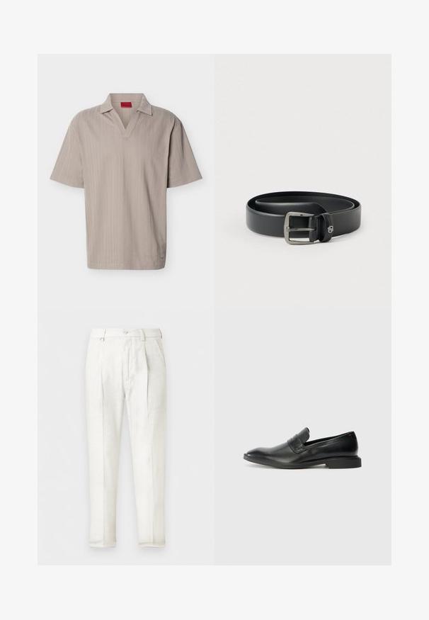 Polo en maille beige à manches courtes avec un motif rayé vertical texturé et un col en V ouvert.; Pantalon blanc sur mesure avec plis à l'avant, poches latérales, passants de ceinture et fermeture par bouton.; Mocassins en cuir noir avec une texture lisse, un nez pointu et un petit talon rectangulaire. Présente un détail de bande horizontale sur le dessus.; Ceinture en cuir noir avec une boucle en métal argenté brillante, texture lisse et bords cousus. Dispose d'une boucle pour fixer l'extrémité de la ceinture.