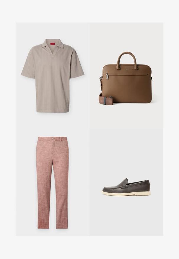 Polo de punto beige de manga corta con un patrón de rayas verticales texturizadas y cuello en V abierto.; Pantalones de tejido texturizado rojo con diseño de pierna recta, bolsillos frontales y cierre de botón. La tela presenta un patrón tejido para un detalle añadido.; Zapatos de cuero marrón tipo slip-on con una superficie texturizada y una suela en un tono beige claro, con punta redondeada y detalles de costura mínimos.; Maletín de cuero marrón con asas superiores, bolsillo delantero con cremallera y correa de hombro a juego desmontable sobre fondo blanco.