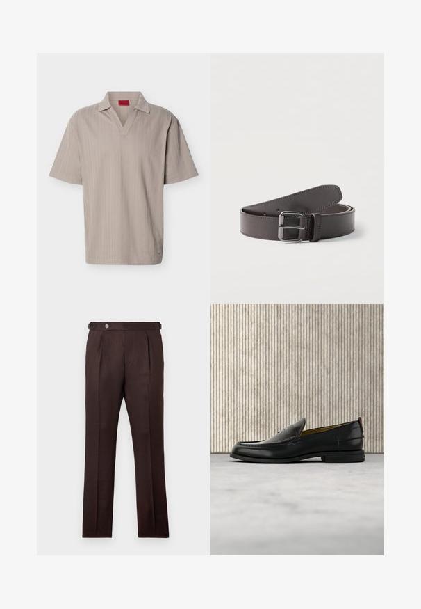 Polo en maille beige à manches courtes avec un motif rayé vertical texturé et un col en V ouvert.; Pantalons marron foncé sur mesure avec plis, fermeture à boutons, sangles de réglage latérales et coupe droite, sur un fond clair.; Mocassin pour homme en cuir noir avec un dessus embossé effet croco et un petit talon, présenté de profil sur un fond neutre.; Ceinture en cuir brun foncé roulée avec une boucle métallique carrée et des coutures visibles le long des bords.