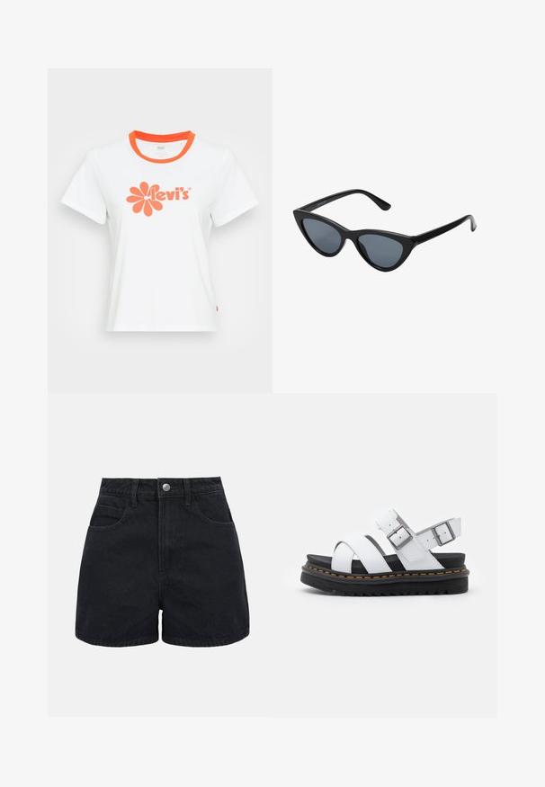 Weißes Baumwoll-T-Shirt mit einem runden orangefarbenen Kragen, das ein großes orangefarbenes Blumenmotiv und den Aufdruck "Levi's" auf der Vorderseite zeigt.; Schwarze High-Waist-Jeansshorts mit vorderer Knopfleiste, Gürtelschlaufen und zwei Vordertaschen auf weißem Hintergrund.; Weiße Leder-Sandalen mit verstellbaren Schnallenriemen, geschichteter schwarzer Plateausohle und orangefarbener Naht entlang der Kante.; Schwarze Cat-Eye-Sonnenbrille mit dunkelgrauen Gläsern, schlankem Kunststoffrahmen, spitzen Ecken und geraden Bügeln. Keine sichtbaren Befestigungen oder Akzente.