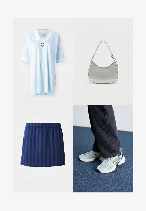 Lyseblå Nike trøje med v-hals, korte ærmer og et sort Nike-logo i midten. Lavet af åndbart, tekstureret stof.; Mørkeblå nederdel med lodrette striber, elastisk talje, længde til midten af låret, lavet af letvægtsstof, glat tekstur.; Lyseblå mesh Nike sneakers med struktureret finish, sort swoosh og cremefarvet mellemsål, parret med mørkegrå vide bukser.; Sølv faux læder håndtaske med en buet form, kort justerbar strop og glat overflade, præget af minimal syning.