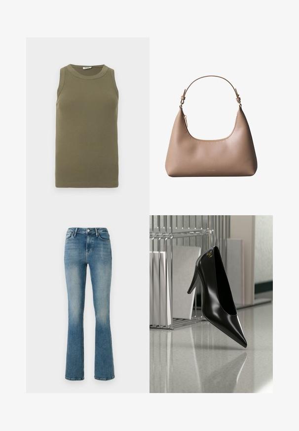 Olivengroen mouwloos topje van ribstof, met een ronde halslijn en een aansluitende pasvorm met strakke randen.; Lichtblauwe flared jeans van denim met vijf zakken, een hoge taille en stikselDetails. De stof heeft een licht vervaagde wassing en een gladde textuur.; Zwart hooggehakt schoen met puntige neus en gouden logo, geplaatst op een reflecterend oppervlak naast een verchroomde draadordner met documenten.; Beige leren schoudertas met korte handgreep, gebogen bovenrits en minimalistisch Calvin Klein-logo aan de voorkant.
