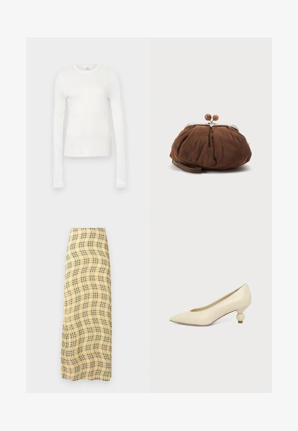 T-shirt à manches longues blanc en coton doux. Il présente un col rond, une silhouette ajustée et une texture lisse. Pas de motifs ni d'accents.; Rabanne Jupe longue - green/yellow/cream; Chaussure femme couleur crème à bout pointu avec un petit talon rond en forme de boule, sur fond uni.; Petit sac poignet en daim marron doux avec cadre en métal argenté et boules rondes marron de fermeture sur fond clair uni.