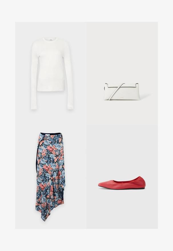 Camiseta blanca de manga larga hecha de algodón suave. Presenta un escote redondo, silueta ajustada y textura suave. Sin patrones ni acentos.; Rabanne Falda de tubo - english tapestry/pink/blue/green; Filippa K REY FLATS - Bailarinas - bright red; Bolso de mano de cuero blanco con una textura suave, forma plana, cierre de cremallera y correa delgada. Presenta un borde negro contrastante y un logo sutil.