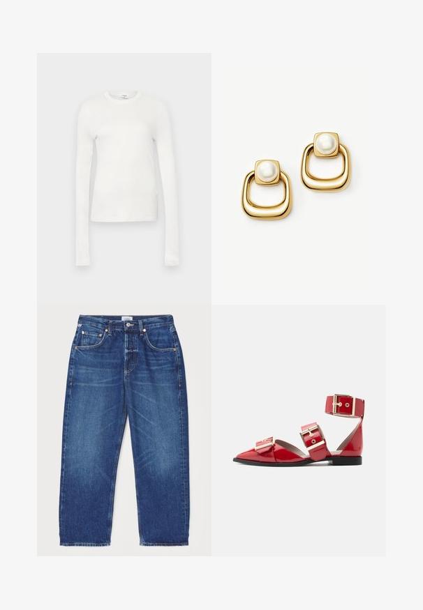 Hvid langærmet t-shirt lavet af blødt bomuld. Har rund halsudskæring, tætsiddende silhuet og glat tekstur. Ingen mønstre eller accenter.; Citizens of Humanity DAHLIA IN CLAREMONT - Jeans Relaxed Fit - dark-blue denim; Rød laklæder flad sko med spids tå, tre store gyldne spænder over foden og anklen samt sort sål på hvid baggrund.; Øreringe i guldfarve med kvadratiske toppe, der har store hvide perler, og tykke, afrundede, åbne øreringe i kvadratisk form nedenunder.