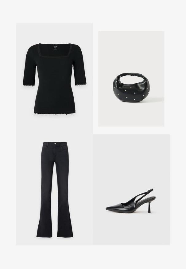Haut noir à manches courtes côtelé avec encolure carrée, orné de dentelle au col et aux manches, et ourlet festonné.; Jeans noirs taille haute flare avec bouton sur le devant et poches, présentés sur un fond clair uni.; Chaussure à talon haut en cuir noir, à bride arrière, avec un bout pointu et un talon fin sur fond blanc.; Sac à main en cuir noir de forme arrondie, décoré de clous argentés et équipé d'une poignée courte. Texture lisse et fermeture éclair.