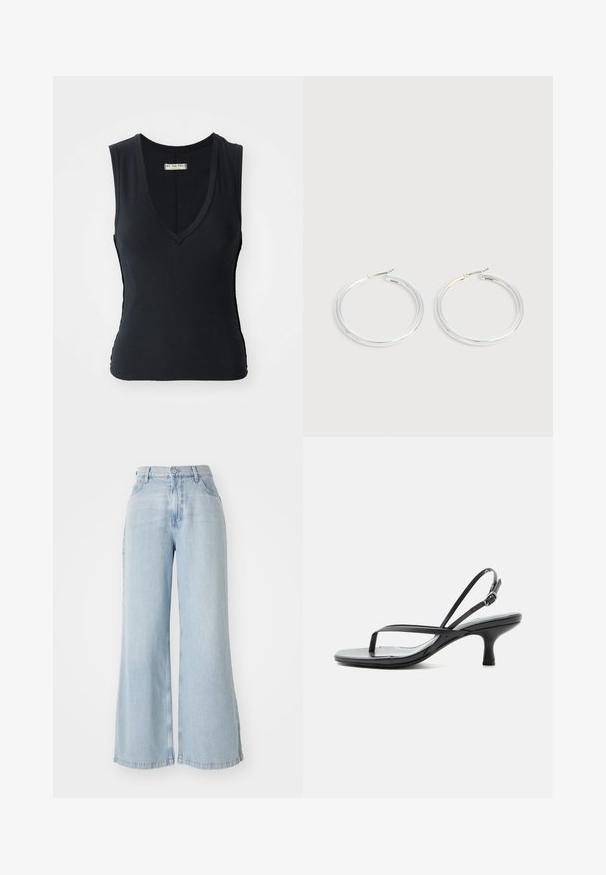 Sort ribbet tanktop med dyb V-hals, ærmeløs design og sideskæringer. Blød tekstur og tætsiddende pasform øger komforten.; Lyseblå vide jeans lavet af denim. Har høj talje, frontlukning med knap og to sidelommer. Slidt tekstur langs kanterne.; Sort sandal med tynde stropper, lav kittenhæl, tynd tællerem og justerbar ankelrem med sølvspænde, på hvid baggrund.; Par skinnende sølvøreringe med tynde trådlåse, vist på en lys grå baggrund.