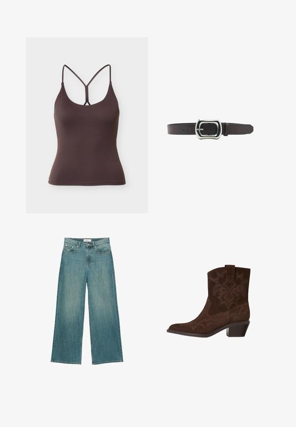 Dunkelbraunes, eng anliegendes Tanktop mit dünnen doppelten Schulterträgern, die sich auf der Rückseite zu einer Y-Form verbinden, nahtloser Saum.; Blaue Jeans mit weitem Bein, Vordertaschen, Gürtelschlaufen und Knopfverschluss, mit Pull&Bear-Label am Bund.; Braune Wildleder-Cowboy-Stiefel mit spitzem Zeh, dekorativen Stickmustern, Knöchelhöhe und gestapeltem Absatz. Mit einer Zuglasche für einfaches An- und Ausziehen.; Brauner Ledergürtel mit einer breiten, glänzenden silbernen rechteckigen Schnalle und einer einzelnen Gürtelschlaufe auf weißem Hintergrund.