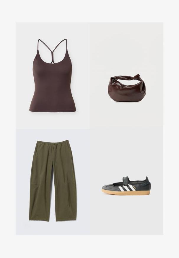 Débardeur marron foncé ajusté avec fines bretelles doubles formant un Y dans le dos, ourlet sans couture.; Pantalon ample vert olive avec taille élastique et poches latérales, présenté à plat sur un fond neutre.; Sneaker en cuir noir et suède avec une sangle Velcro, arborant trois bandes blanches et une semelle en caoutchouc, étiqueté "SAMBA" sur le côté.; Sac bandoulière en cuir marron foncé avec une forme souple et décontractée et une anse nouée torsadée sur un fond blanc uni.
