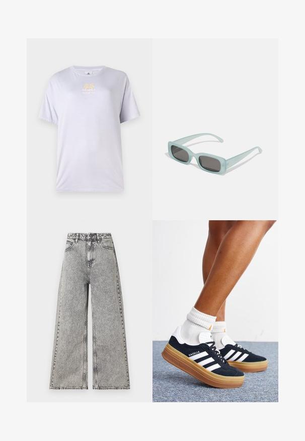 Licht lavendelkleurig katoenen T-shirt met ronde hals, korte mouwen en een gouden grafische print van palmbomen op de voorkant.; Wijdlopende jeans in vervaagd zwart denim, met een hoge taille, klassiek vijf-pocket ontwerp en zichtbare stikdetails.; Ben met witte sokken en zwarte Adidas Gazelle sneakers met witte strepen en dikke bruine zolen op een grijs tapijt.; Een paar rechthoekige zonnebrillen met lichtblauwe doorzichtige monturen en donkergrijze glazen, met rechte pootjes en minimale hardwaredetails.