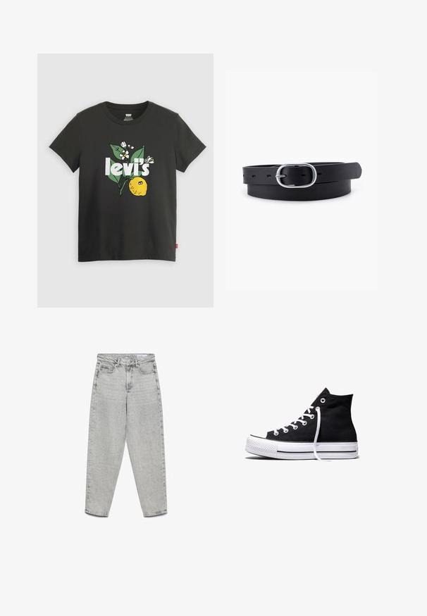 Sort bomulds t-shirt med et citronmotiv, hvid tekst der står "levi's," og blomsterdekorationer i grøn og hvid. Korte ærmer, rund hals.; Lysegrå højtaljede jeans med lige ben, forlommer, bæltestropper og lynlåslukning.; Sort high-top canvas sneaker med hvid gummisål og hvide snørebånd, vist fra siden mod en hvid baggrund.; Sort læderbælte med en glat overflade, oval sølvmetalspænde og flere justeringshuller langs stroppen. Flad, minimalistisk design.