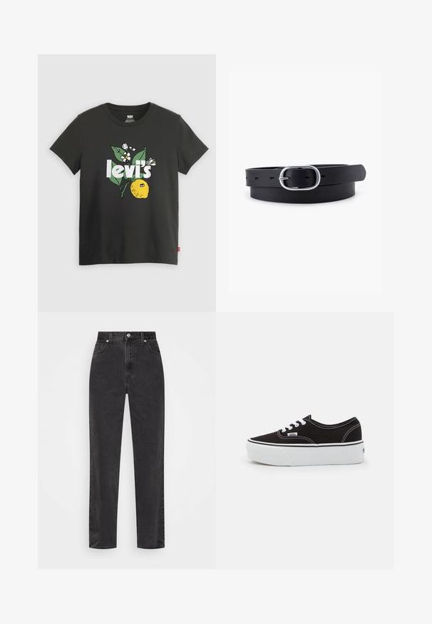 Sort bomulds t-shirt med et citronmotiv, hvid tekst der står "levi's," og blomsterdekorationer i grøn og hvid. Korte ærmer, rund hals.; Sorte denim jeans med lige ben, høj talje, foran knap og lynlås, samt fem-lomme stil på en hvid baggrund.; Sort lærred sneakers med en hvid gummi platform sål, der har hvide snørebånd og syninger, ikonisk branding på siden, lav-top design.; Sort læderbælte med en glat overflade, oval sølvmetalspænde og flere justeringshuller langs stroppen. Flad, minimalistisk design.