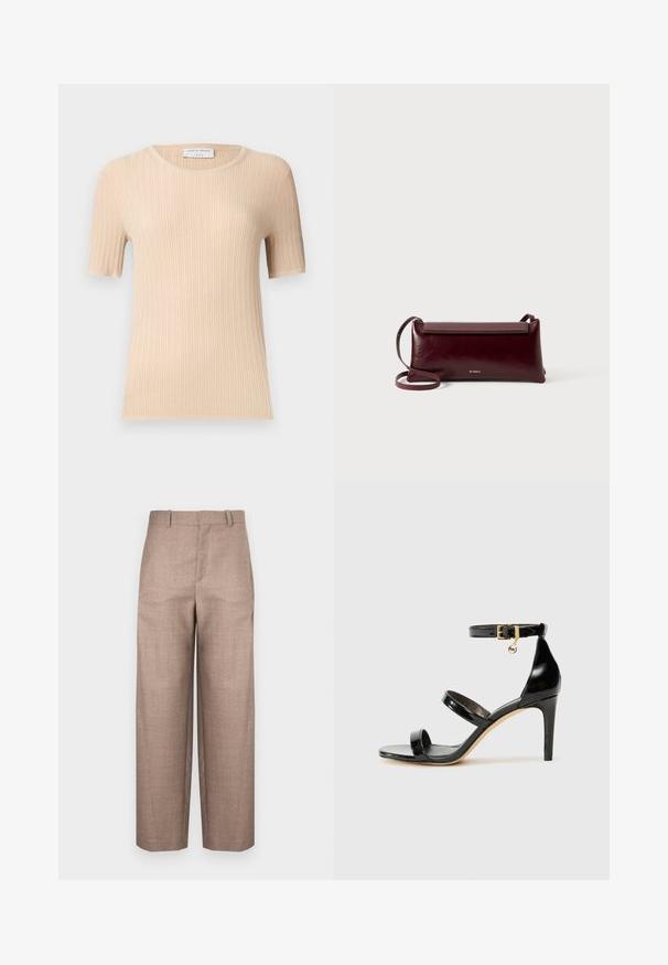 Haut en maille côtelé beige à manches courtes, col rond, coupe ajustée et étiquette "Tiger of Sweden" visible à l'intérieur du col.; Pantalon marron texturé avec une coupe droite, taille mi-haute et sans quincaillerie ni poches visibles.; Sandale en cuir verni noir avec trois brides, boucle de cheville et talon aiguille de 10 cm. Présente un détail en métal doré et un charm logo.; Sac à bandoulière en cuir bordeaux avec une texture lisse, de forme rectangulaire, fermeture à rabat et une fine sangle réglable. Détail du logo doré visible.