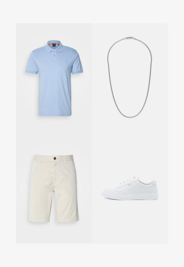 Hele sinine polo särk, valmistatud puuvillast. Omab klassikalist krae, kahte nuppu ja väikest logo appliiki rinnal. Lühikesed varrukad.; Kergedest beežid lühikesed püksid, mis on valmistatud puuvillast, nupuga kinnitamisega, esikülje taskutega ja õmmeldud servaga. Sile tekstuur ja pärastõhtune disain.; Valged nahast tennisekad, millel on sile tekstuur, ümar varvas ja toon-toonis õmblused. Kootud sinised paelad ja kuldne logo küljel.; Hõbedane ahelkaelakee vahelduva lingidisainiga. Sisaldab lamedaid, ristkülikukujulisi lünki ja kindlat klambrit, ühtlane tekstuur üle kogu kaelaehe.
