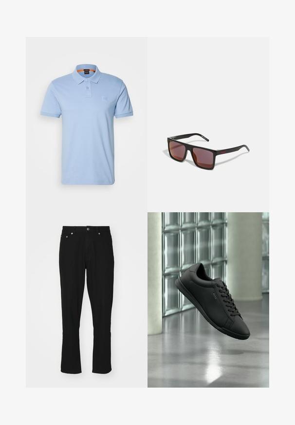 Himmelblaues Poloshirt aus Baumwolle. Verfügt über einen klassischen Kragen, zwei Knöpfe und ein kleines Logoplatzchen auf der Brust. Kurze Ärmel.; Schwarze Denim-Jeans mit geradem Schnitt, ausgestattet mit einem Fünf-Taschen-Design, silbernem Zubehör und leichter Textur. Keine sichtbaren Muster.; Schwarzer Ledersneaker mit Schnürsenkeln und "BOSS"-Logo, der über einem reflektierenden Betonboden in modernem Interieur mit Glassteinwand schwebt.; Schwarze rechteckige Sonnenbrille mit dunkelroten Gläsern, mit matter Oberfläche und rotem Logo am Bügel. Robuster Kunststoffrahmen.