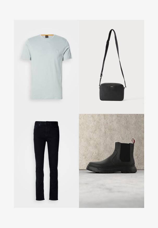 Lyseblå bomulds t-shirt med korte ærmer, rund halsudskæring og diskret logo patch på venstre bryst. Glat tekstur og almindelig pasform.; Sorte denimjeans med slim fit, fem-lomme design, synlig syning og knappelukning. Glat tekstur uden yderligere mønstre.; Sort ankelstøvle med en glat overflade, elastiske sidepaneler og en kontrasterende rød træksløjfe, der har en tyk gummisål og rund tå.; Sort rektangulær crossbody taske med justerbar rem og BOSS-logo foran, sat mod en ensfarvet lys baggrund.