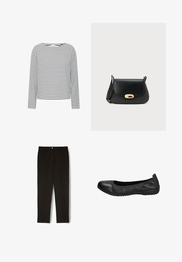 Langärmliges Oberteil mit Bootsausschnitt, aus weichem Stoff mit horizontalen Streifen in Marineblau und Weiß. Gerader Schnitt und minimalistische Details.; Schwarze gerade geschnittene Hose mit Gürtelschlaufen, Seitentaschen und einem vorderen Knopfverschluss.; Schwarze Leder-Ballettschuhe mit einer runden Spitze, glatter Textur und einem leicht elastischen Rand für zusätzlichen Komfort. Gummisohle für besseren Halt.; Schwarze Leder Umhängetasche mit klappbarem Design, goldener ovaler Schnalle und verstellbarem Riemen. Glatte Textur und minimalistischer Stil.