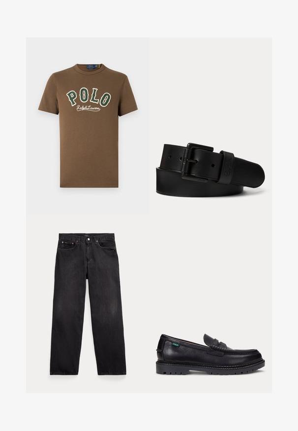 Hnedé tričko s krátkym rukávom so zeleným a bielym textom "POLO Ralph Lauren" na prednej strane a malým bielym logom hráča póla pri spodnom okraji.; Čierne rifle s rovnými nohavicami, piatimi vreckami, zapínaním na gombíky a viditeľnými kovovými nitmi na predných vreckách.; Čierny kožený mokasín s hrubou drsnou podrážkou a malou zelenou značkou "Polo" na vonkajšej strane pri päte.; Čierny kožený opasok s čiernou obdĺžnikovou prackou a vyrazeným logom na slučke opaska, zvitý na jednoliatom svetlom pozadí.