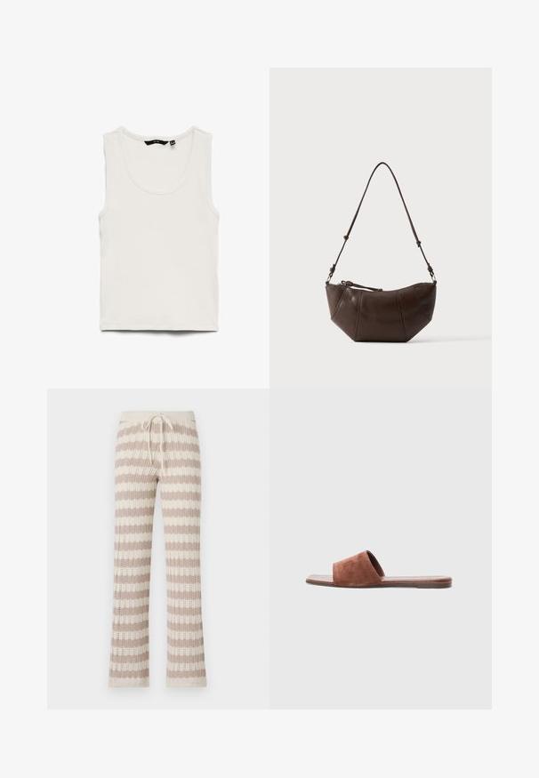 Hvid ribbet tanktop med rund halsudskæring og ærmeløs design, lagt fladt på en hvid baggrund.; Strikkede loungbukser med beige og creme farvede lodrette striber, med en snorlukning i taljen og åben strikstruktur.; Brune ruskinds slip-on sandal med en bred rem, flad sål og minimalistisk design. Glat tekstur med mat finish.; Brun læder skuldertaske med buet bund og justerbar rem mod en ensfarvet lys baggrund.