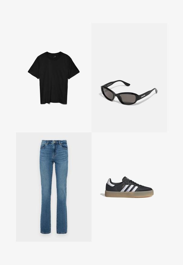 Zwart T-shirt met korte mouwen en ronde hals, effen ontwerp, plat gelegd op een witte achtergrond.; Blauwe high-waisted straight-leg jeans met een knoop en rits aan de voorkant, vijf-pocket ontwerp en subtiele vervaging op de dijen en knieën.; Zwarte leren sportschoen met drie zilveren strepen, een gestructureerde neus en een gumrubberen zool. Bevat een gevoerde schacht en vetersluiting.; Zwarte zonnebril met een rechthoekig frame, donkere lenzen, gladde plastic materiaal en een metalen accent op de poot.