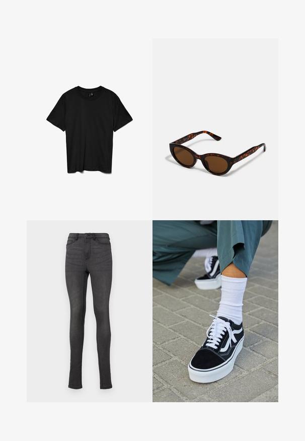 Zwart T-shirt met korte mouwen en ronde hals, effen ontwerp, plat gelegd op een witte achtergrond.; Skinny jeans van donkergrijze denim, met een hoge tailleband, riemlussen en een enkele knoopsluiting. Geen zichtbare slijtage of patronen.; Zwarte suède sneaker met witte accenten en veters, uitgerust met een dikke witte zool en contrasterende stiksels, gecombineerd met een witte sok.; Bruine schildpad zonnebril met een vintage cat-eye vorm en bruine lenzen. Heeft gebogen armen met rode accenten.