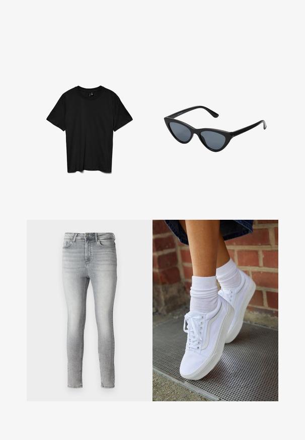 Sort t-shirt med korte ærmer og rund hals, ensfarvet design, lagt fladt på en hvid baggrund.; Grå denim skinny jeans med en glat tekstur, fem-lomme design og en knap- og lynlås lukning i taljen. Fadet finish overalt.; Hvide lærreds sneakers med gummisåler, der har seks snørehuller, rund tå og let sømdetaljer, krydret med hvide ankelstrømper.; Sorte katteøje solbriller med mørkegrå linser, slankt plastisk stel, spidse hjørner og lige stænger. Ingen synlig hardware eller dekorationer.