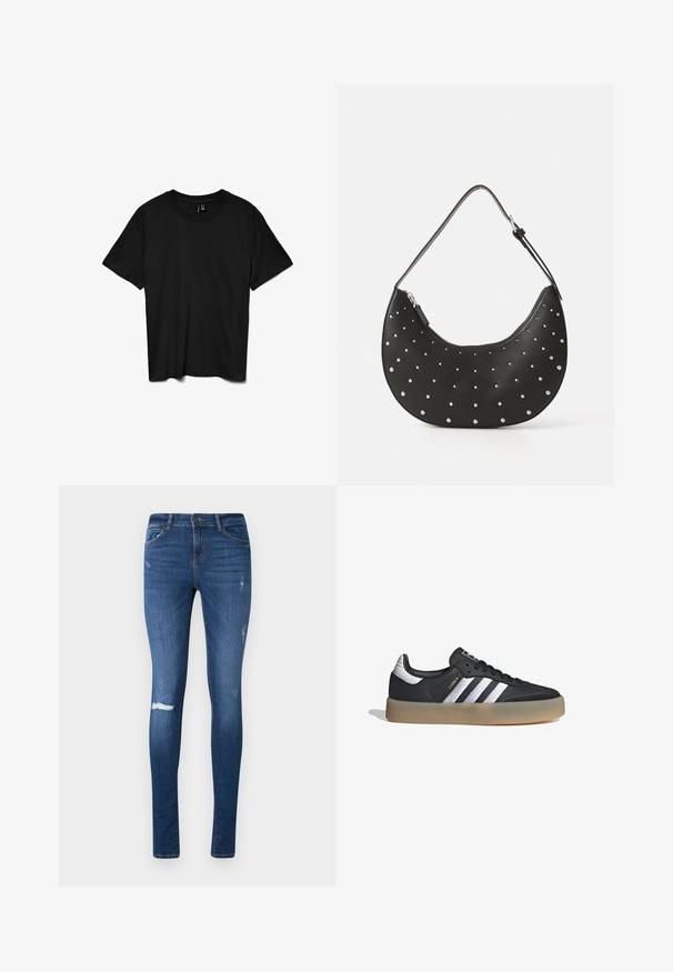 Camiseta negra de manga corta con cuello redondo, diseño liso, mostrada extendida sobre un fondo blanco.; Jeans ajustados, de color azul oscuro con un lavado descolorido, rodilla desgastada y diseño de cinco bolsillos. Fabricados con denim con un ligero estiramiento.; Zapatilla deportiva de cuero negro con tres rayas plateadas, punta texturizada y suela de goma. Cuenta con un collar acolchado y un diseño con cordones.; Bolso de mano de cuero negro con forma curva, adornado con tachuelas plateadas, cuenta con cierre de cremallera y una sola correa ajustable.