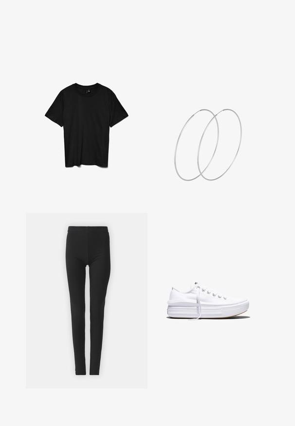 Camiseta negra de manga corta con cuello redondo, diseño liso, mostrada extendida sobre un fondo blanco.; Leggings negros y elásticos con un ajuste ceñido, que cuentan con una cintura alta y una textura suave. Sin patrones visibles ni detalles de hardware.; Zapatilla blanca de lona de perfil bajo con suela gruesa de plataforma, cierre de cordones en el frente y puntera de goma texturizada, mostrada de perfil.; Pendientes de aro plateados con un diseño minimalista. Forma circular, textura suave y perfil delgado. Livianos con un acabado pulido.