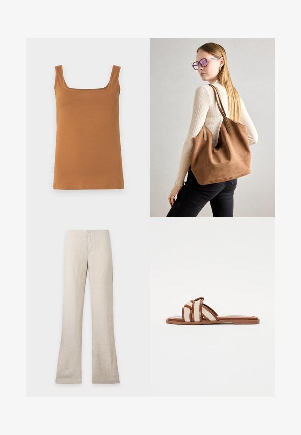 Brun ærmeløs tanktop med firkantet udskæring. Fremstillet af blødt, elastisk stof med rene sømme og jævn tekstur.; Beige hørbukser med lige ben og skjult frontlukning, vist fladt på en ensfarvet lys baggrund. Ingen synlige lommer eller detaljer.; Brune flade sandaler med brede vævede stofremme, der har en glat syntetisk sål og et minimalistisk design.; Brun ruskind tote taske med blød tekstur, stor åbning og lange stropper. Har et enkelt design med synlige syninger og ingen hardware.
