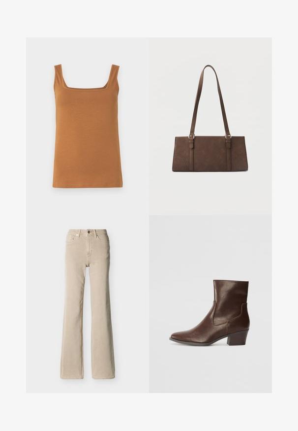 Brun ærmeløs tanktop med firkantet udskæring. Fremstillet af blødt, elastisk stof med rene sømme og jævn tekstur.; Beige højtaljede jeans med knap- og lynlåslukning foran, fem lommer og en let flared benåbning mod en ensfarvet baggrund.; Brun læderankelstøvle med spids tå, mellemstor blokhæl og elastiske sider for nem påtagning. Glat tekstur og elegant design.; Brun rektangulær skuldertaske med lange stropper og minimale syningsdetaljer på en ensfarvet baggrund.