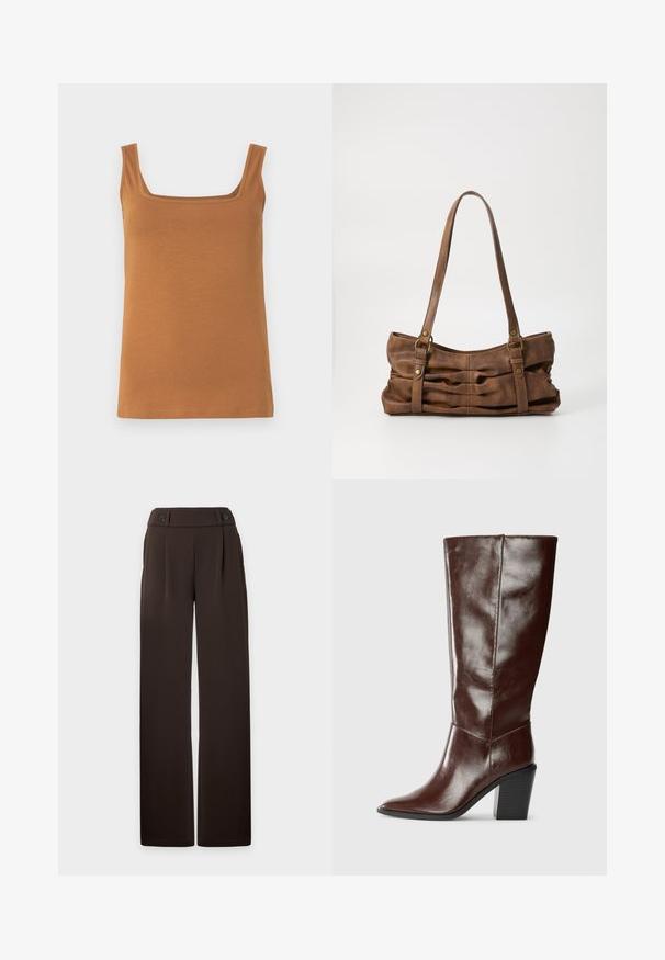 Débardeur marron sans manches avec un col carré. Confectionné dans un tissu doux et extensible, doté de coutures nettes et d'une texture uniforme.; Pantalon large marron foncé à taille haute, plis sur le devant, passants de ceinture et deux boutons décoratifs à la ceinture, présenté sur un fond uni.; Botte haute en cuir marron foncé avec un bout pointu et un talon empilé, présentée de côté sur un fond uni.; Even&Odd Sac à main - brown