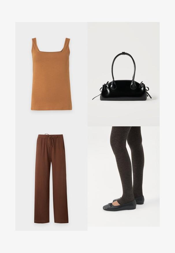 Débardeur marron sans manches avec un col carré. Confectionné dans un tissu doux et extensible, doté de coutures nettes et d'une texture uniforme.; Pantalon marron texturé coupe ample avec une taille élastique et un cordon ajustable, jambes droites et poches latérales.; Jambes portant des leggings côtelés foncés associés à des ballerines noires avec de petits détails en nœud sur fond blanc.; Petit sac à main noir brillant avec deux longues anses et des détails à cordon sur les côtés sur un fond clair uni.