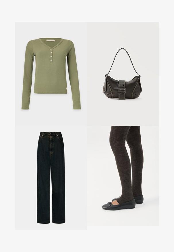 Langemouws olijfgroene geribde henley met vier witte knopen en een klein dierenlogo vlak bij de onderzoom.; Hoge taille, wijde pijpen, donkerblauwe denim jeans met een sluiting van voor knoop en rits, riemlussen en voorzakken.; Benen met donkere geribbelde leggings gecombineerd met zwarte ballerina's met kleine strikdetails op een witte achtergrond.; Zwarte leren schoudertas met gespsluiting aan de riem, afgeronde hoeken en contrasterende witte stiksels op een effen achtergrond.