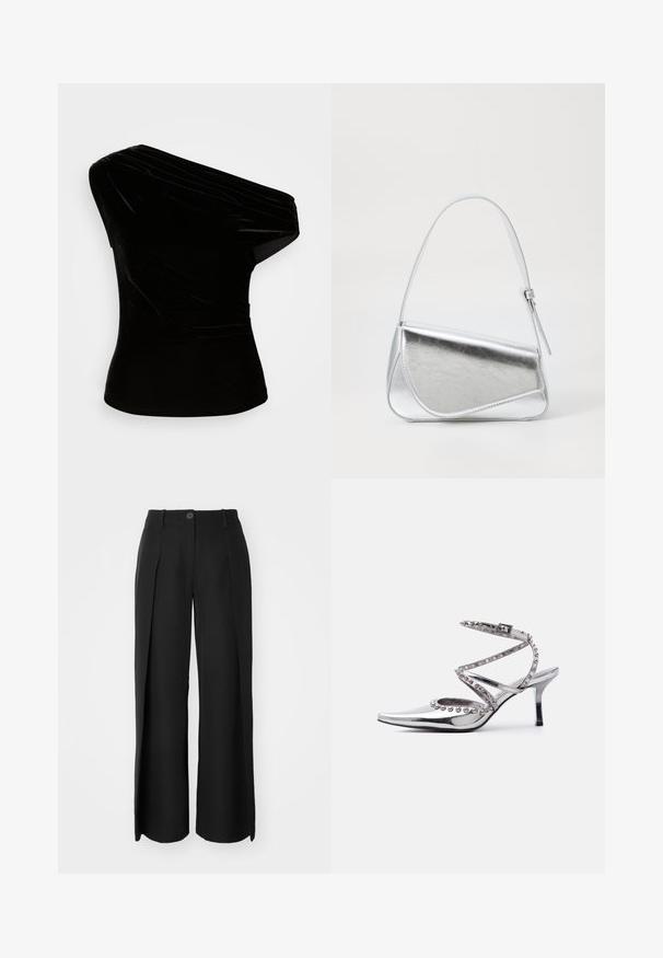 Top negro con hombros al aire, hecho de terciopelo, que presenta un diseño de tela drapeada y una textura suave. Silueta ajustada con un escote curvado.; Pantalones de pierna ancha negros, hechos de tela suave, que cuentan con pliegues frontales, un cierre de un botón y lazos para cinturón.; Zapato de tacón alto plateado con punta puntiaguda, correa en el tobillo y tachuelas decorativas en forma de bola plateada en las correas y bordes sobre fondo blanco.; Bolso de mano metálico plateado con forma triangular, textura suave y una fina correa de hombro ajustable. Presenta un diseño plegable con costuras.