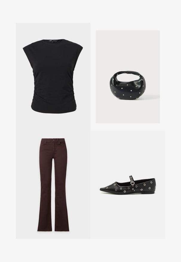 Sort ærmeløs top med rynkede sider, rund halsudskæring, løs pasform ved skuldrene og detaljeret, tætsiddende talje, vist på en ensfarvet baggrund.; Mørkebrune bootcut-jeans med knap og lynlåslukning, for- og baglommer, vist fladt på en ensfarvet hvid baggrund.; Sort læder fladsko med spids tå, prydet med dekorative sølv øjer og et justerbart bånd over anklen.; Sort læderhåndtaske med en rundet form, dekoreret med sølvnitter, og et kort håndtag. Glat tekstur og lynlåslukning.