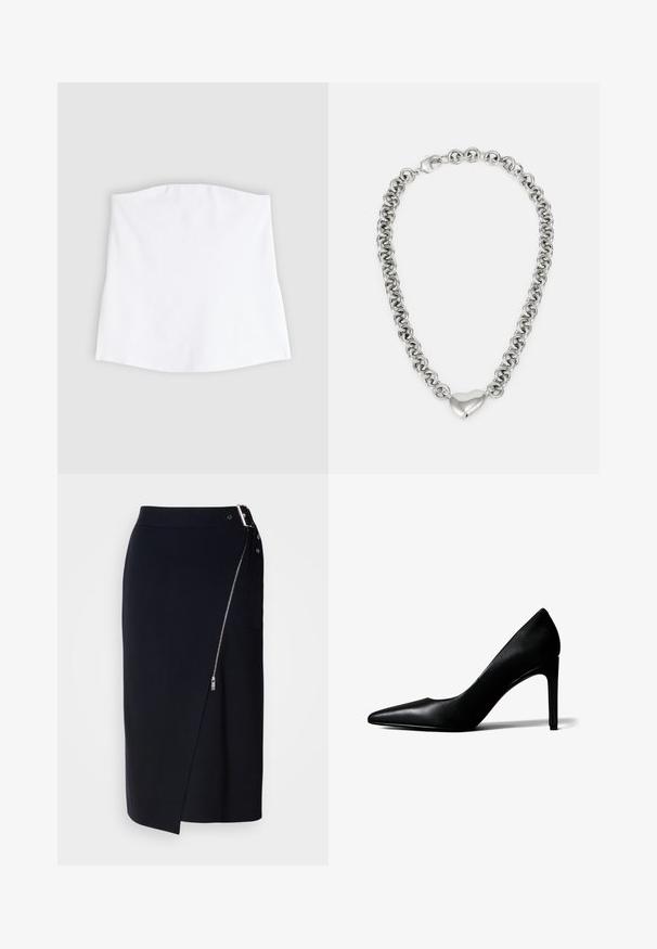 Weißes trägerloses Bandeau-Top mit geraden Kanten, flach auf einem hellgrauen Hintergrund liegend.; Marineblauer Bleistiftrock aus dehnbarem Stoff, mit seitlichem Reißverschluss, asymmetrischem Saum und einer eleganten Silhouette.; Schwarzer spitzer High-Heel-Schuh aus Leder mit schlankem Stilettoabsatz auf weißem Hintergrund.; Silberne Halskette mit miteinander verbundenen runden Gliedern und einem polierten, herzförmigen Akzent in der Mitte. Sicherer Verschluss inklusive.