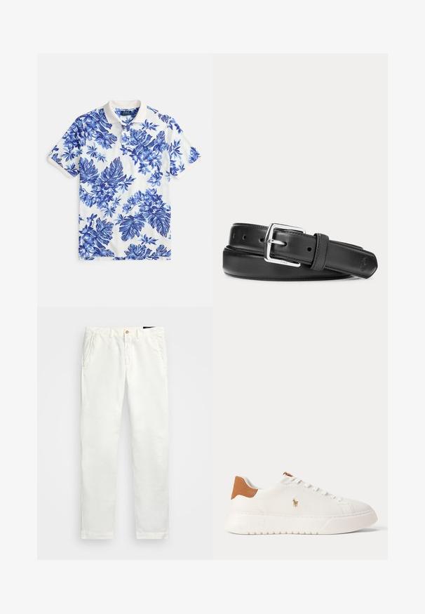 Kortærmet polo i hvid med blåt blomsterprint, ribbet krave og tre-knaps lukning. Blødt stof med glat tekstur.; Hvide bomulds chinos med lige ben design, der har sidelommer, en enkelt knaplukning og en glat tekstur.; Hvid lavtop sneaker med tan hælfane, hvide snørebånd og lille broderet polo-spiller logo på siden over en tyk sål.; Sort læderbælte med sølvfarvet rektangulært spænde, rullet sammen på en hvid baggrund, med et diskret præget logo på spidsen.