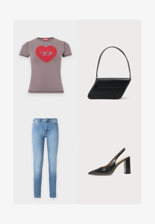 Getailleerd grijs T-shirt met korte mouwen, met een rood hart en een zilveren "D"-logo op de borst, versierd met kleine studs.; Lichtblauwe skinny jeans van denim, met een klassieke vijf-pocketontwerp, subtiele vervaging en een standaard tailleband met een ritssluiting.; Zwarte leren slingback schoen met spits toelopend neusje, hoge blokhak en beige binnenvoering tegen een effen lichte achtergrond.; Zwarte leren schoudertas met een driehoekige vorm, geperst logo en een enkele verstelbare riem. Minimalistisch ontwerp met een gladde textuur.