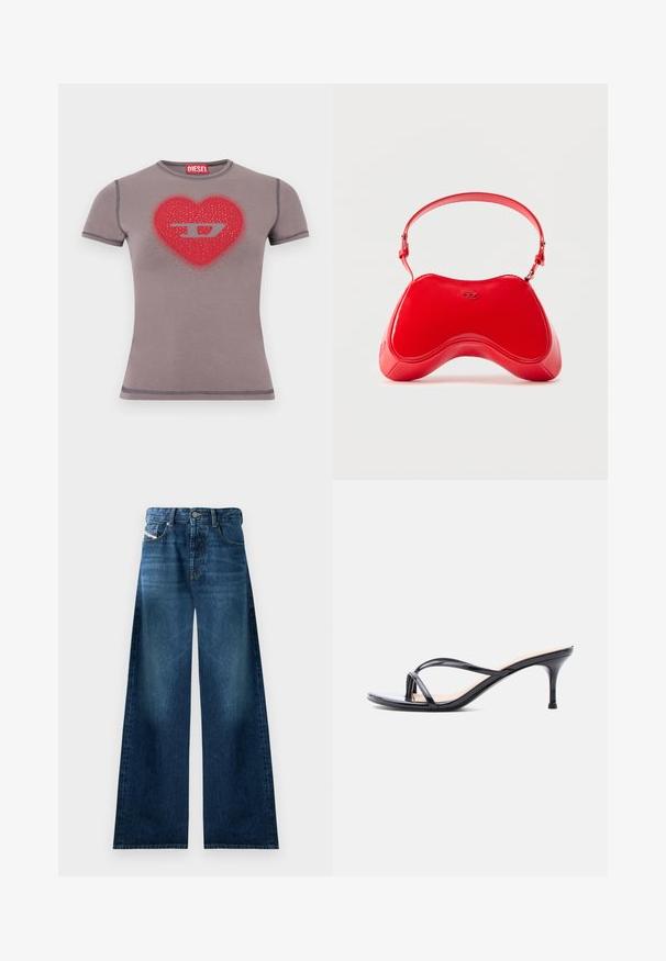 Tilpasset grå T-shirt med korte ærmer, rød hjerte og sølv "D" logo dekoreret med små nitter på brystet.; Bredde denimjeans i mørk vask. Har traditionelt fem-lomme design, knappelukning og let falmning på lårerne.; Sort laklædersandal med hæl, tynde krydsede remme og en slank mellemhøj stilethæl på en hvid baggrund.; Rød taske i laklæder med en buet, ergonomisk form, der har en tynd justerbar rem og en diskret logodetalje foran.