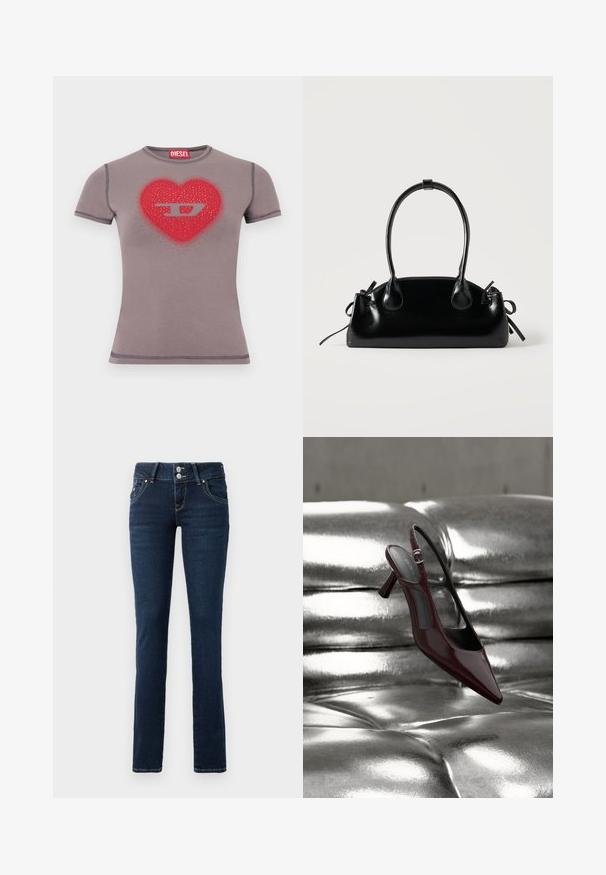 Getailleerd grijs T-shirt met korte mouwen, met een rood hart en een zilveren "D"-logo op de borst, versierd met kleine studs.; Donkerblauwe skinny jeans met dubbele knoopsluiting, voorzakken en gele stiksel op een witte achtergrond.; Glanzende donkerrode slingback pumps met hoge hak en puntige neus, gepresenteerd op een glanzend zilveren, getuft leren oppervlak.; Kleine zwarte glanzende handtas met twee lange hengsels en zijkant trekkoord details op een effen lichte achtergrond.