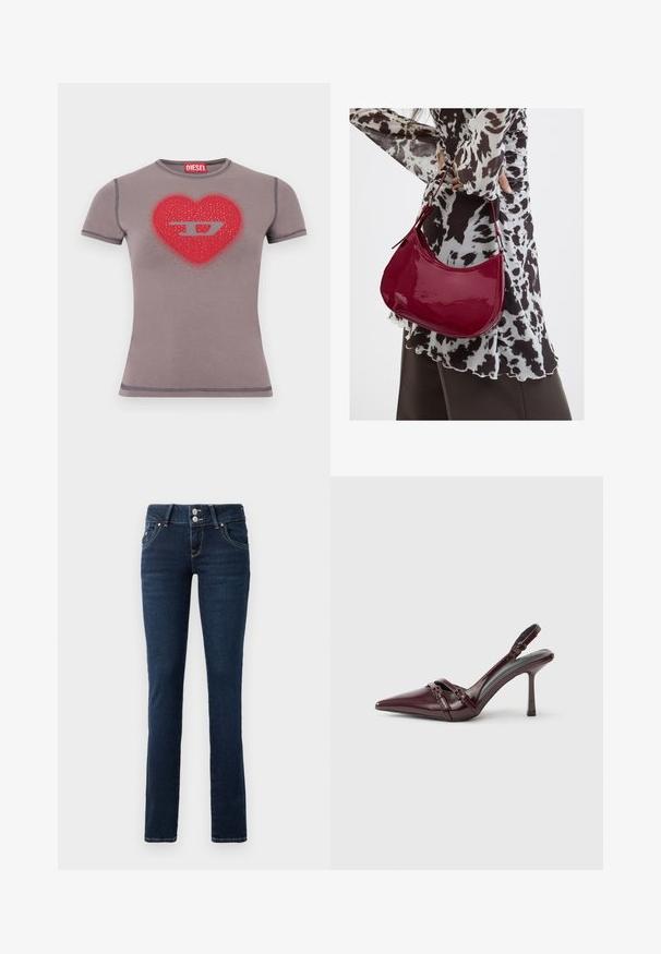 T-shirt gris ajusté à manches courtes avec un cœur rouge et un logo "D" argenté orné de petits clous sur la poitrine.; Jean skinny bleu marine avec fermeture à double bouton, poches avant et surpiqûre jaune sur fond blanc.; Escarpin slingback en cuir verni bordeaux avec bout pointu, fine bride à la cheville et petit détail décoratif de boucle. Texture lisse et talon haut.; Femme portant un chemisier à motif noir et blanc tenant un sac à main rouge brillant sur un fond uni.