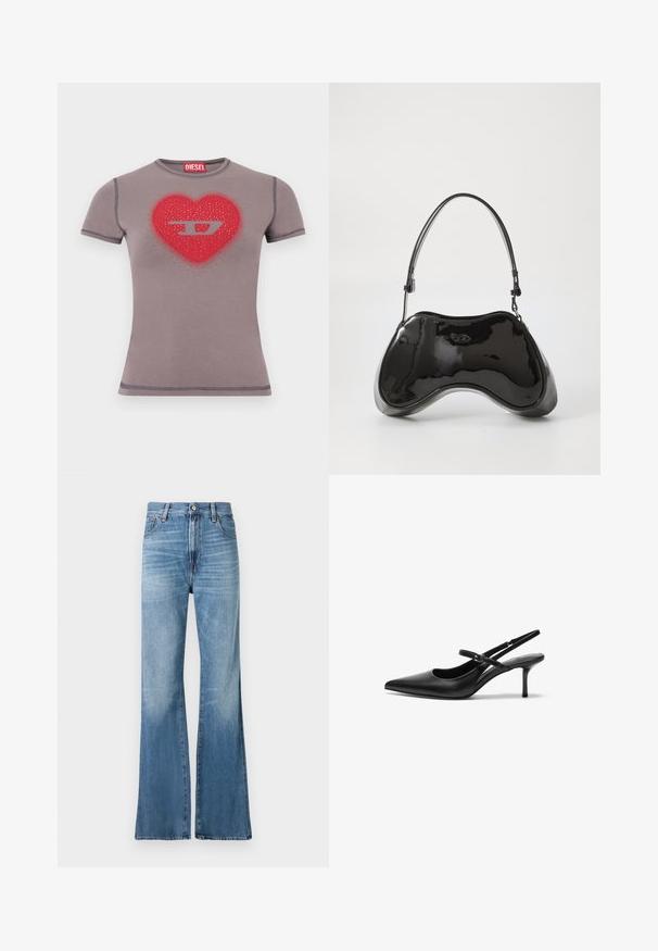 Camiseta ajustada de manga corta en gris con un corazón rojo y un logo "D" plateado adornado con pequeñas tachuelas en el pecho.; Replay BECKA PANTS - Vaqueros boyfriend - medium blue; Zapatos de tacón slingback de cuero negro con punta afilada, correa ajustable delgada y un tacón de aguja de aproximadamente 5 cm, textura suave.; Bolso de mano de piel sintética negra con un diseño curvado único, asas cortas y ajustables, y abertura con cremallera en la parte superior. Textura suave con una sutil marca.