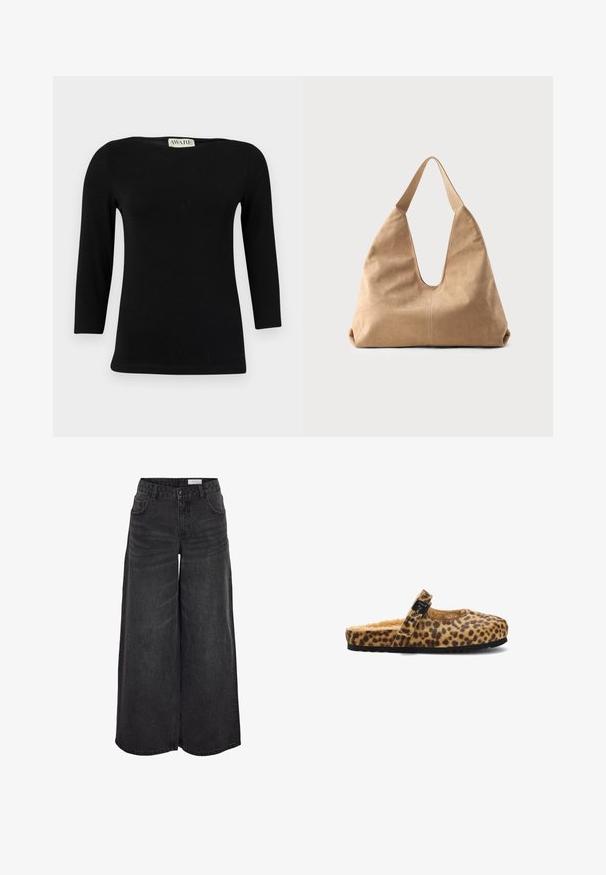 Sort langærmet bomuldsbluse med bådudskæring og tætsiddende pasform. Glat tekstur med en subtil glans, ingen tydelige mønstre eller detaljer.; Bredde ben sorte denimshorts med høj talje, forlommer og subtil tekstur; designet til en afslappet pasform.; Leopardmønstret slingback tøfler med en fuzzy inderside, en rund tå og en dekorativ sort spænde. Sort gummisål med tekstur.; Hobo taske i blød beige ruskind med en dyb V-formet åbning, bred skulderrem og glat tekstur; har en afrundet bund for stabilitet.