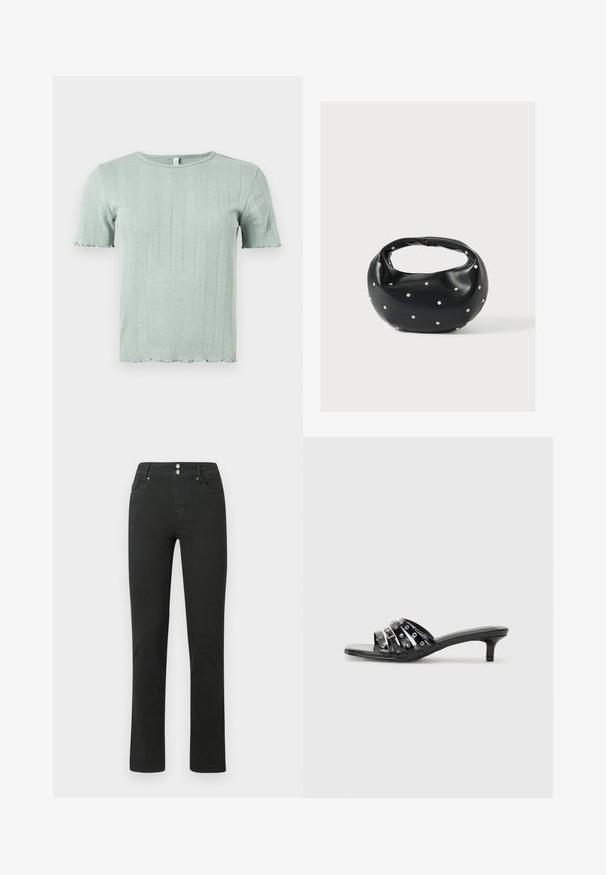 Haut tricoté à manches courtes vert clair avec côtes verticales et détails subtils en œillets, doté d'un col rond et de bords légèrement froncés.; Jean en denim noir au design ajusté, doté de deux poches avant, de deux poches arrière et d'une fermeture à double bouton à la taille.; Sandales à talons noires avec plusieurs brides brillantes et des accents métalliques, présentant un bout pointu et des talons kitten discrets. Texture lisse.; Sac à main en cuir noir de forme arrondie, décoré de clous argentés et équipé d'une poignée courte. Texture lisse et fermeture éclair.