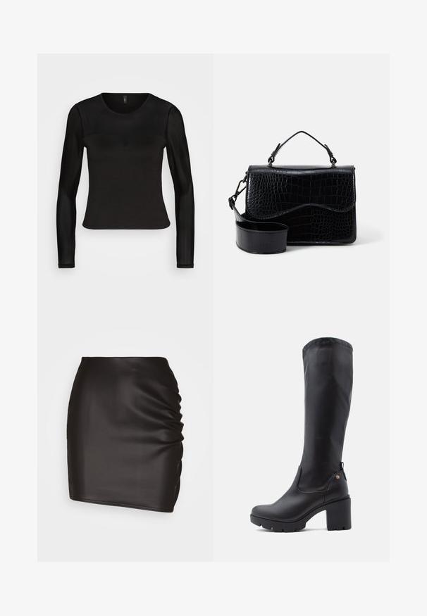 ONLY ONLTINA DETAIL - Top s dlhým rukávom - black; Čierna mini sukňa vyrobená z hladkého syntetického materiálu, s nariasením na jednej strane a priliehavým strihom.; Čierne čižmy po kolená vyrobené z hladkej kože, so štvorcovou špičkou, robustným blokovým podpätkom a textúrovanou gumovou podrážkou. Obsahujú diskrétny detail s logom.; Čierna crossbody taška z faux kože s textúrovaným krokodílím vzorom, s hornou rukoväťou a nastaviteľným popruhom. Vlastnosť: zatváranie na zakrivený klapku.