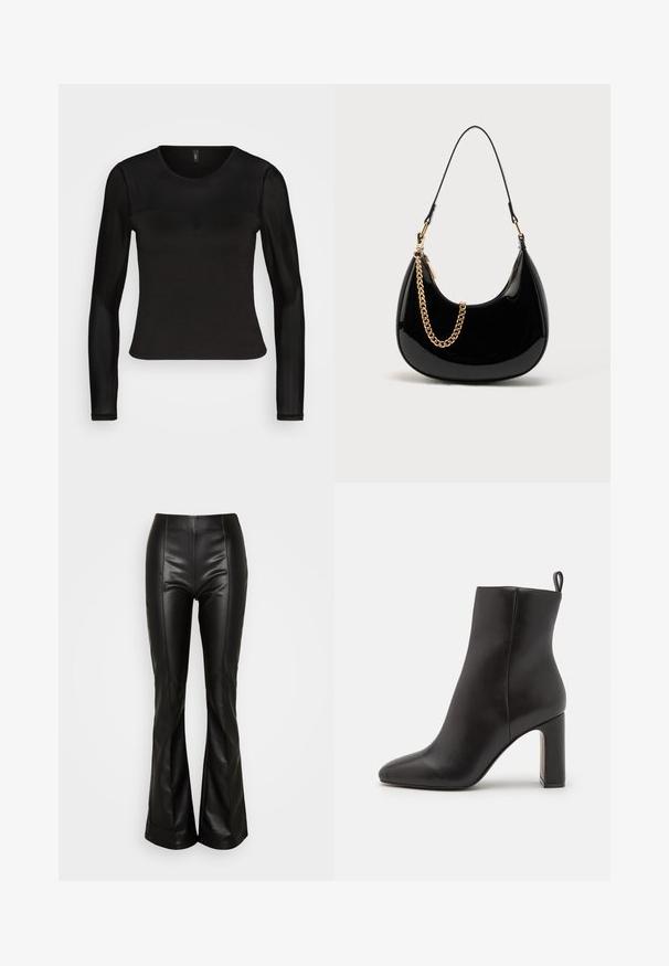 ONLY ONLTINA DETAIL - Top s dlhým rukávom - black; ONLY ONLIDINA FLARE PANT - Nohavice - black; Čierne kožené členkové topánky s špicatou špičkou, cylindrickým vysokým podpätkom a slučkovou pútkom na zadnej strane pre jednoduché obúvanie. Hladká textúra.; Čierna kabelka z lesklého laku, s oblým tvarom, tenkým ramenným popruhom a zlatým reťazovým doplnkom na prednej strane. Hladká textura, minimalistický dizajn.